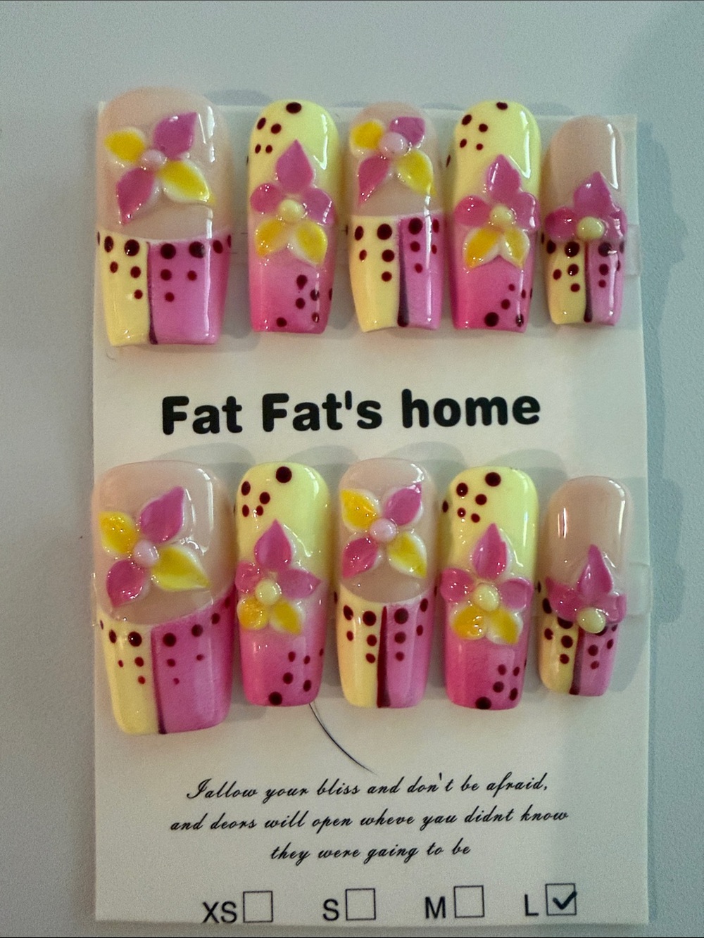 Fat Fat's Home Pink & Yellow Floral handmade acrylic Press-On Nail Set